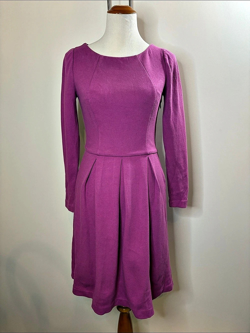 Boden Long Sleeve Pleated Ponte Cotton Midi Dress in Pink Size 4R
